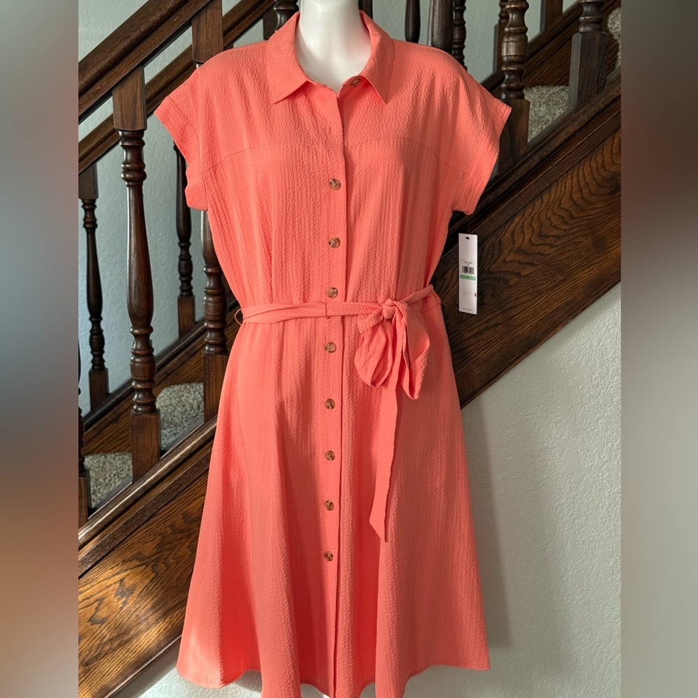 Calvin Klein Coral Button-Front Shirt Dress with Belt – Size 8 NWT - Picture 2 of 5